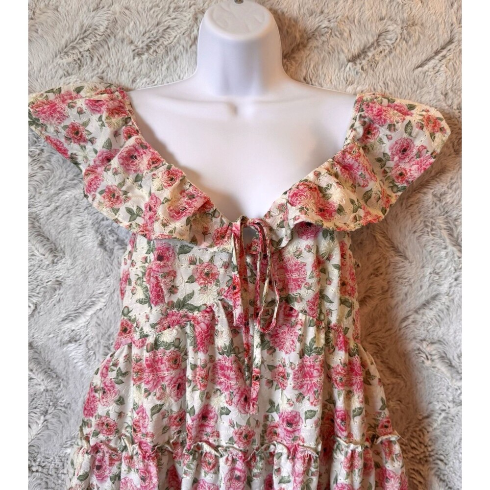 Just Me Dress Size Large Mini Floral Pink Lined Cottagecore Flutter Sleeve - Picture 5 of 16